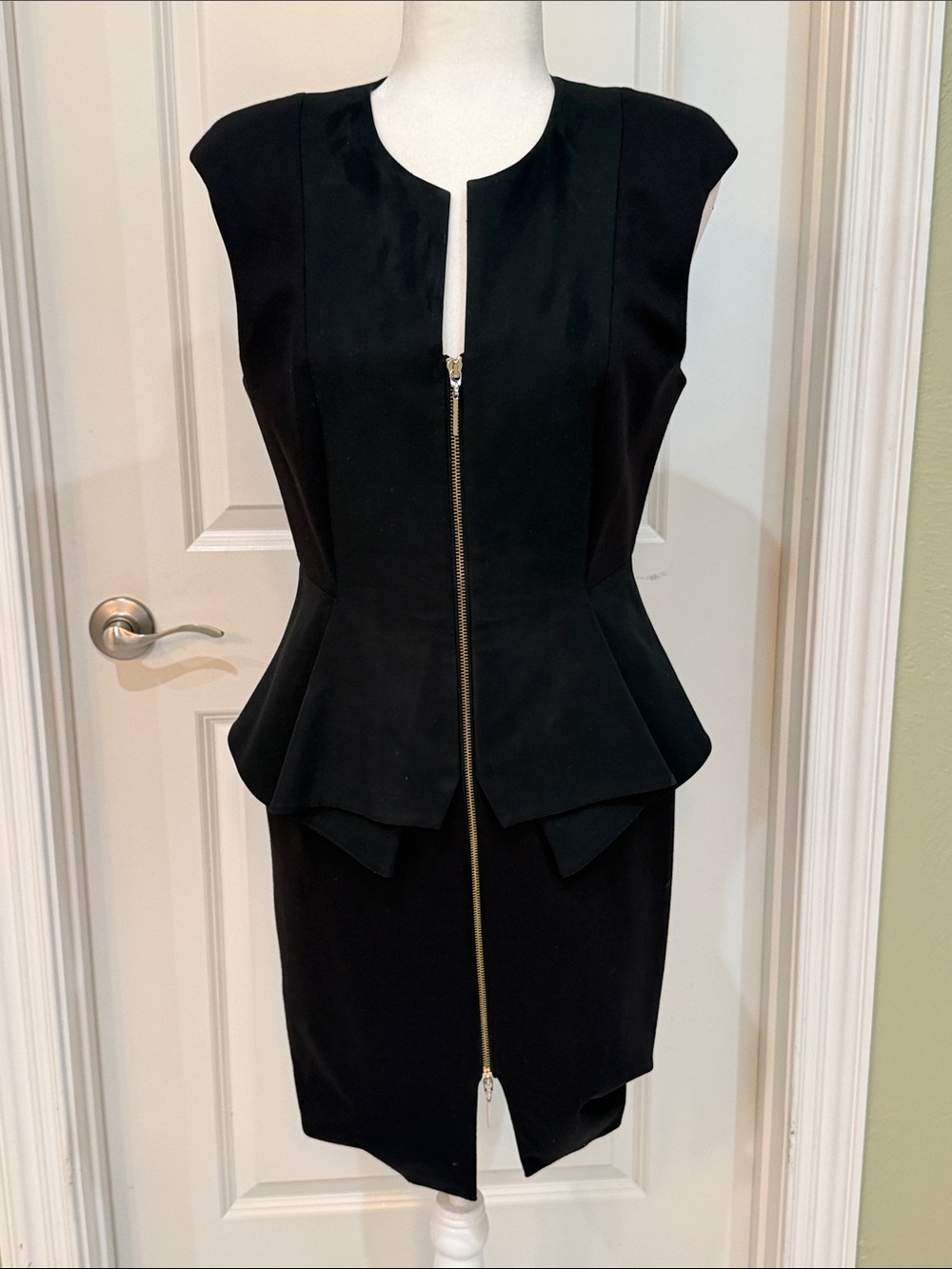 Ted Baker London Black Sheath Dress with Gold Front Zip & Peplum
